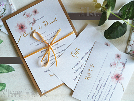 Cherrry Blossom Invitation with satin bow, RSVP card and Gift card